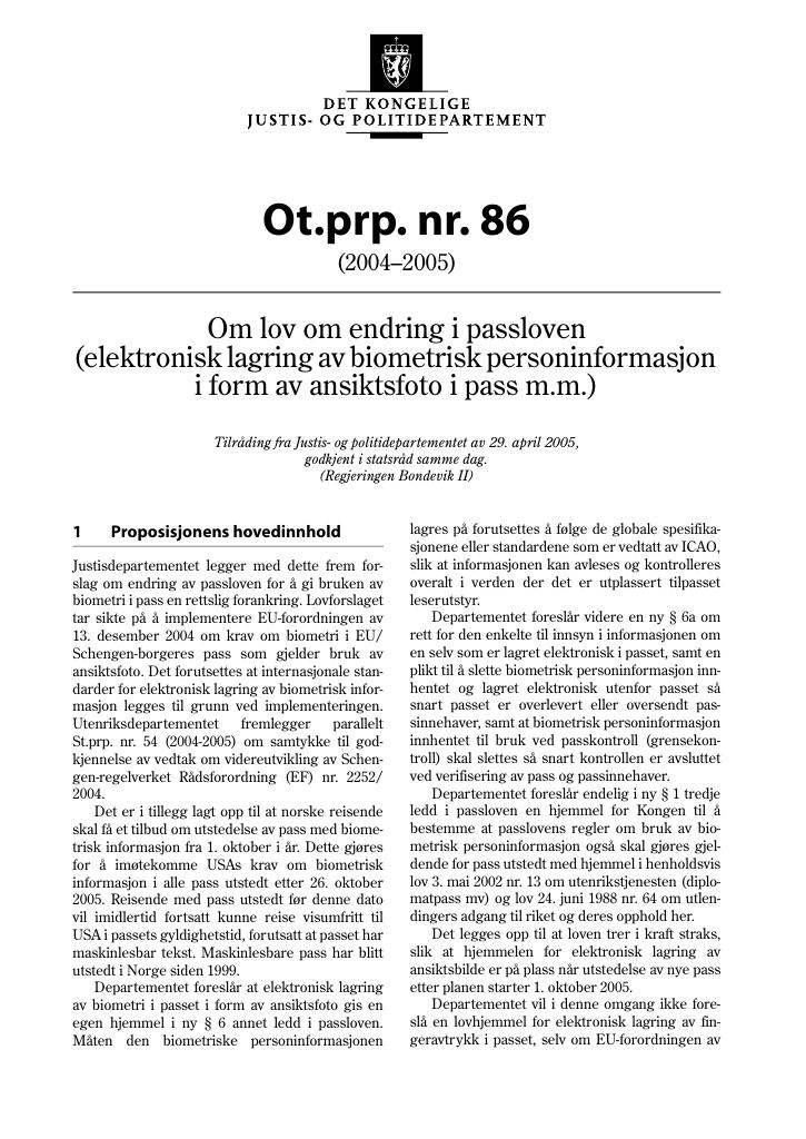 Forsiden av dokumentet Ot.prp. nr. 86 (2004-2005)