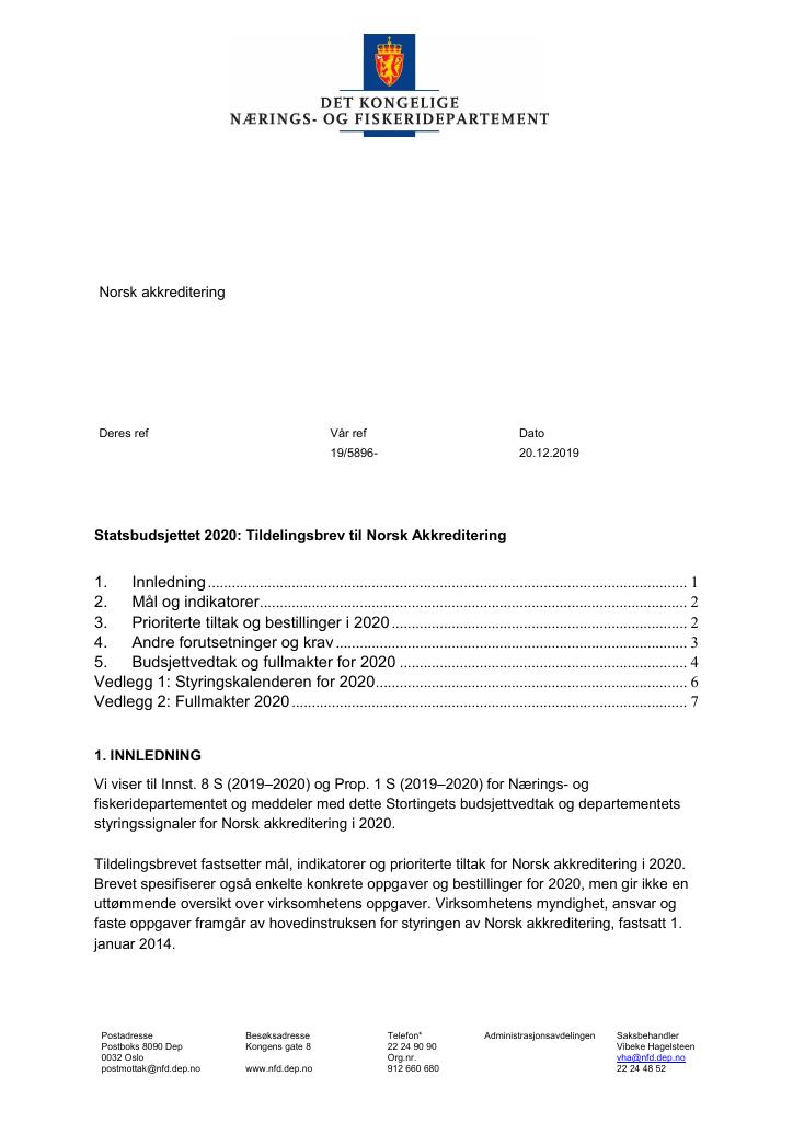 Forsiden av dokumentet Tildelingsbrev Norsk akkreditering 2020
