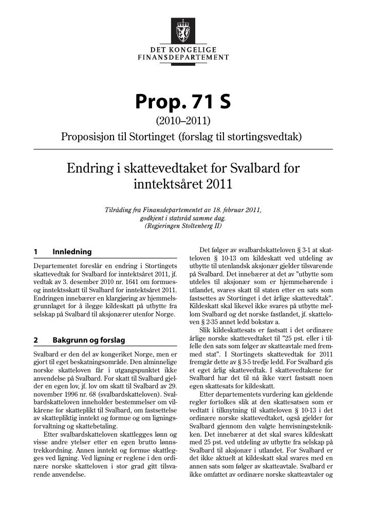 Forsiden av dokumentet Prop. 71 S (2010–2011)