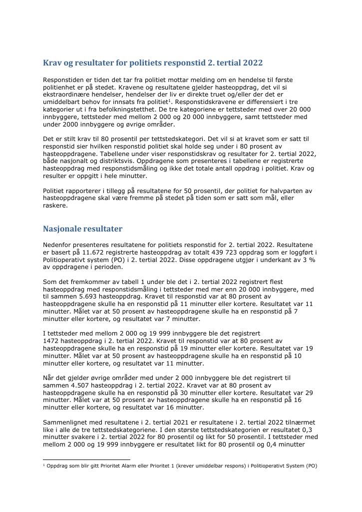 Forsiden av dokumentet Krav og resultater for politiets responstid 2. tertial 2022