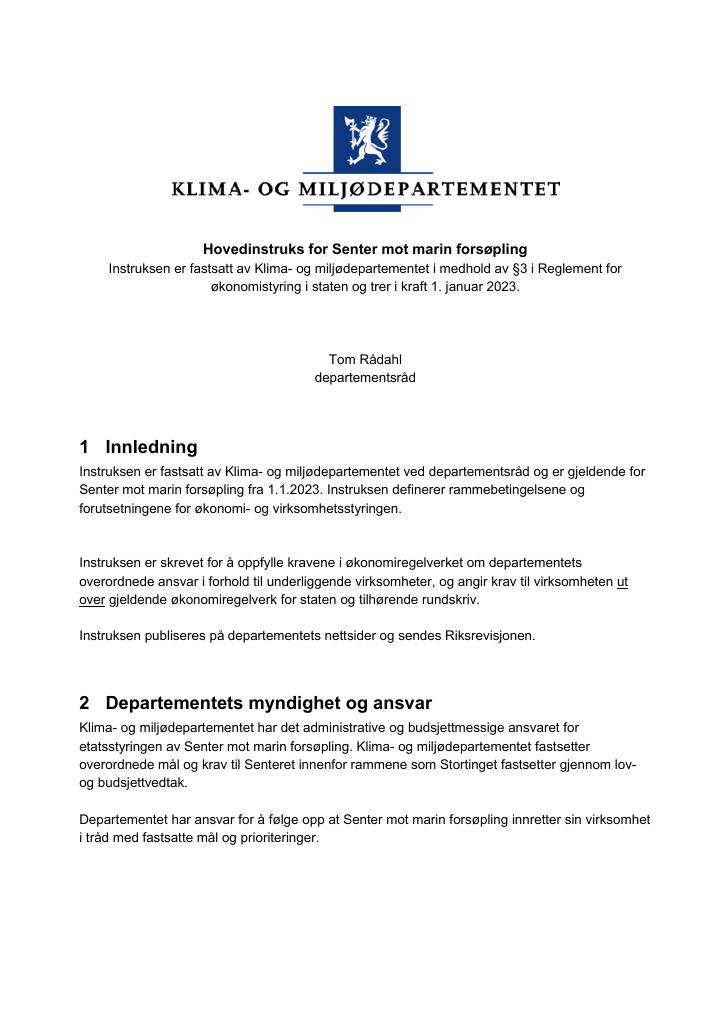 Forsiden av dokumentet Hovedinstruks Senter mot marin forsøpling 2023