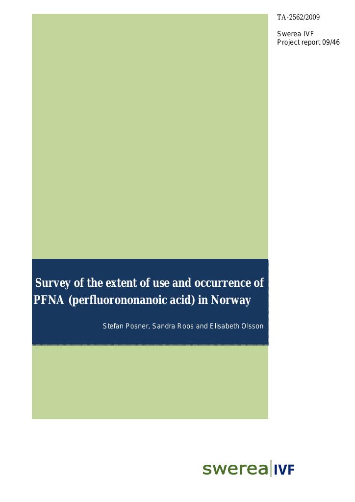 Forsiden av dokumentet Survey of the extent of use and occurrence of PFNA (perfluorononanoic acid) in Norway