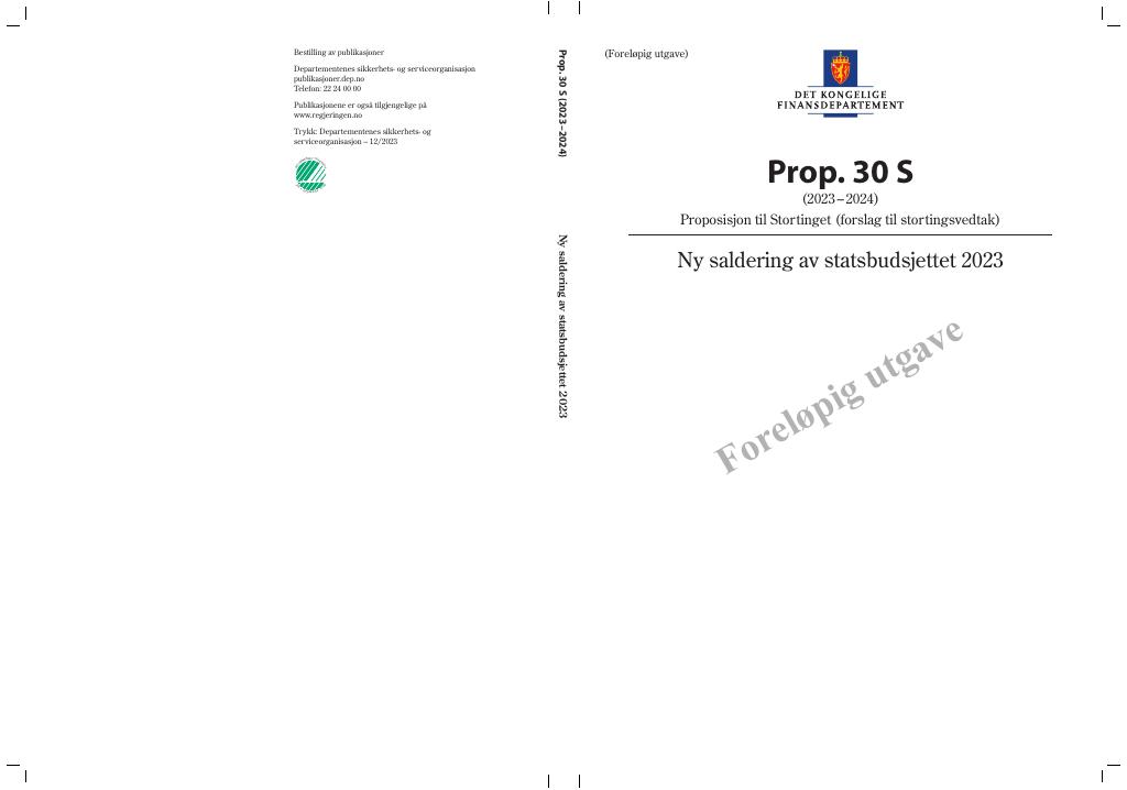 Forsiden av dokumentet Prop. 30 S (2023–2024)