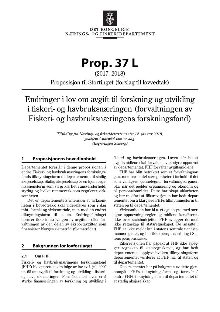 Forsiden av dokumentet Prop. 37 L (2017–2018)