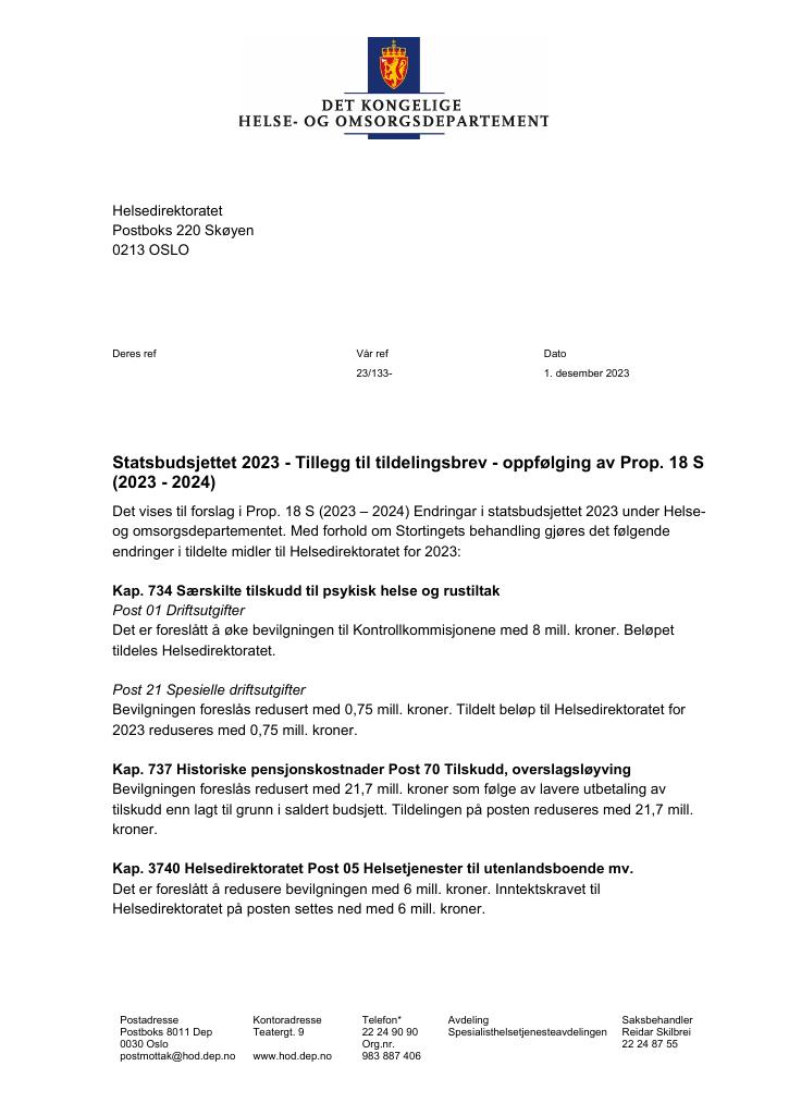 Forsiden av dokumentet Tildelingsbrev Helsedirektoratet 2023 - tillegg nr. 1