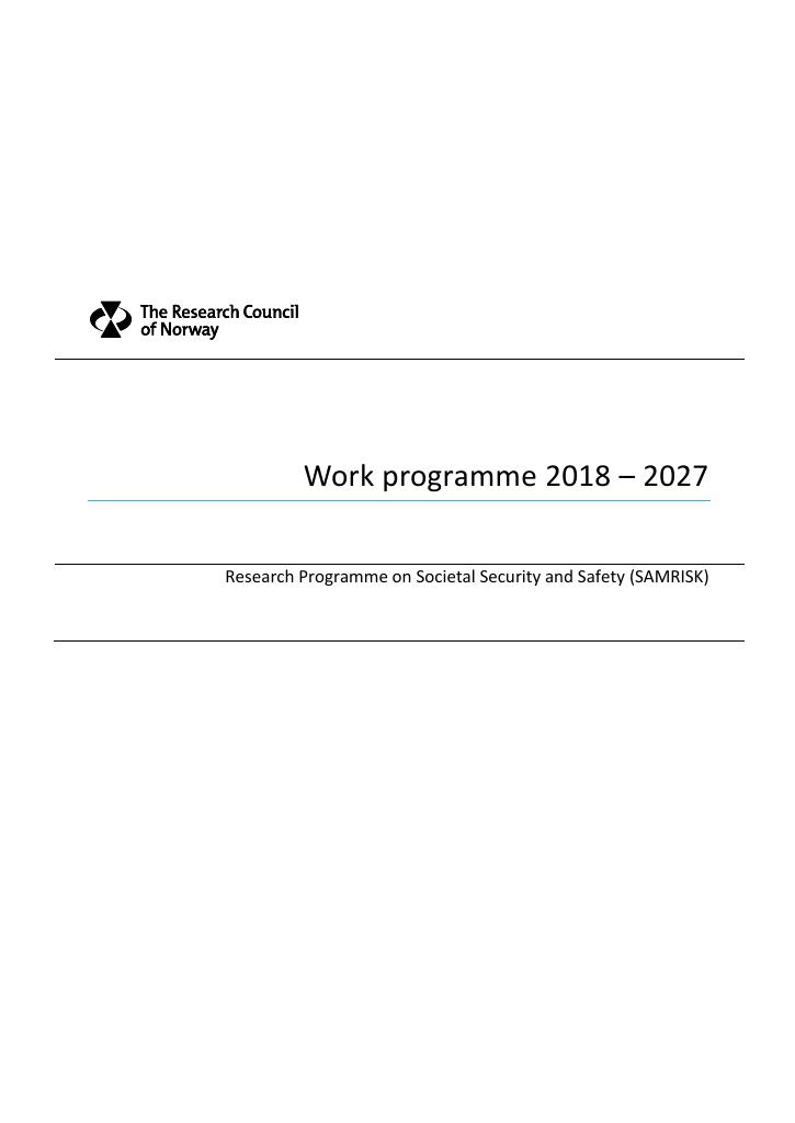 Forsiden av dokumentet Work programme SAMRISK 2018 – 2027