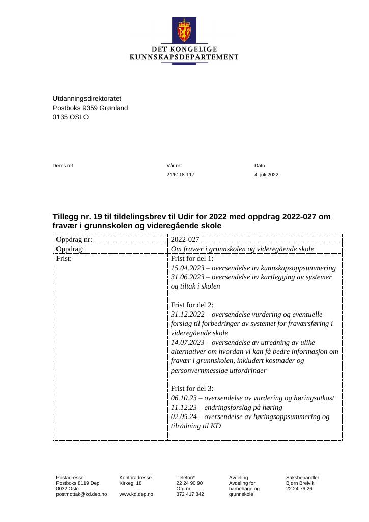 Forsiden av dokumentet Tildelingsbrev Utdanningsdirektoratet 2022 - tillegg nr. 19