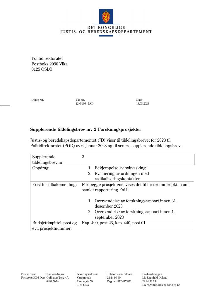 Forsiden av dokumentet Tildelingsbrev Politidirektoratet 2023 - tillegg nr. 2