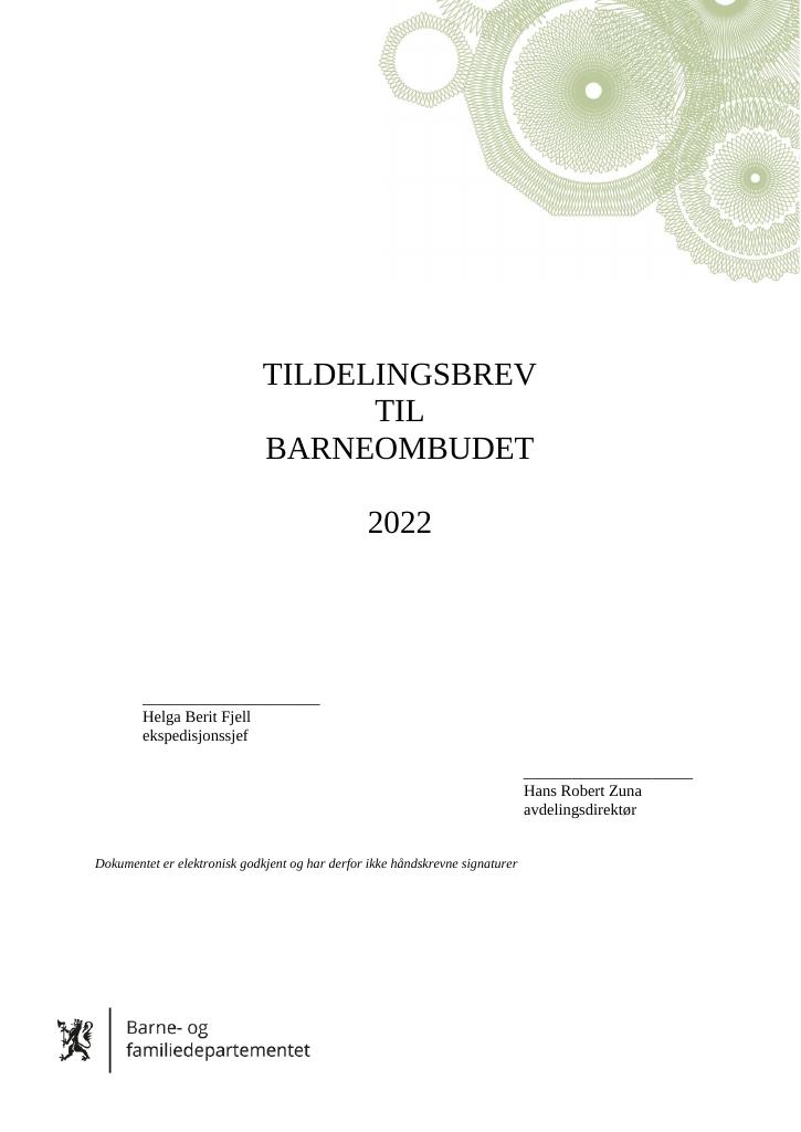 Forsiden av dokumentet Tildelingsbrev Barneombudet 2022