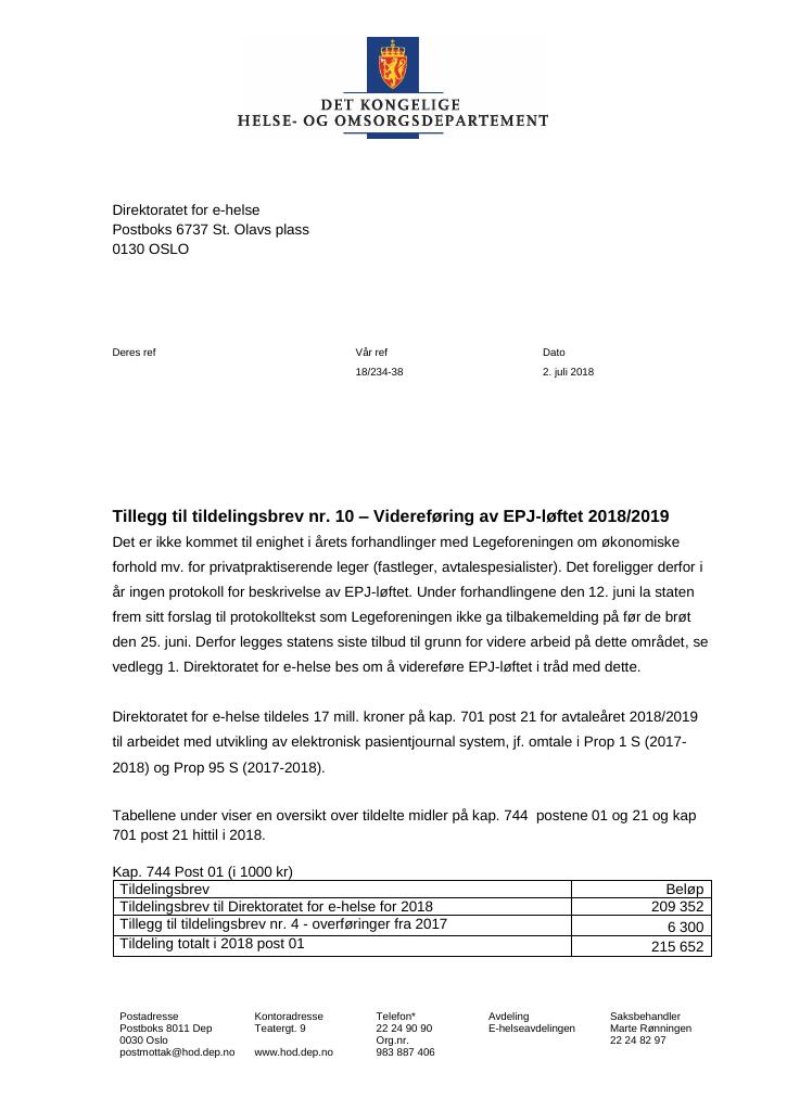 Forsiden av dokumentet Tildelingsbrev Direktoratet for e-helse 2022 - tillegg nr. 10