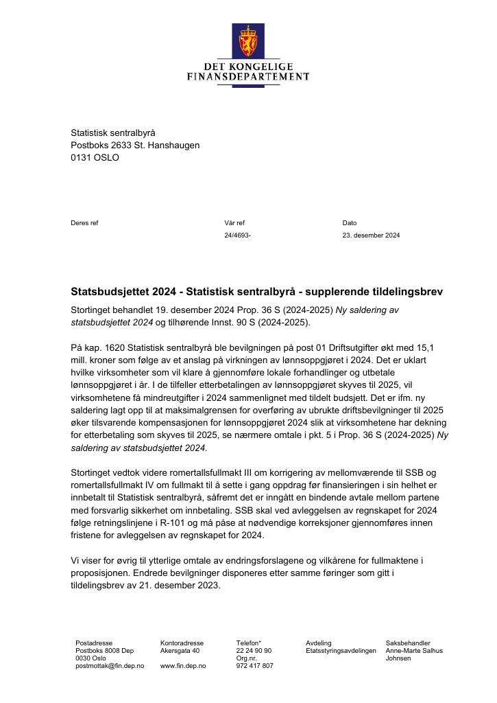 Forsiden av dokumentet Tildelingsbrev Statistisk sentralbyrå 2024 - tillegg nr. 2