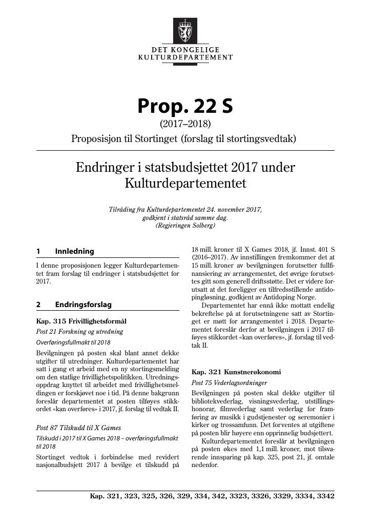 Forsiden av dokumentet Prop. 22 S (2017–2018)