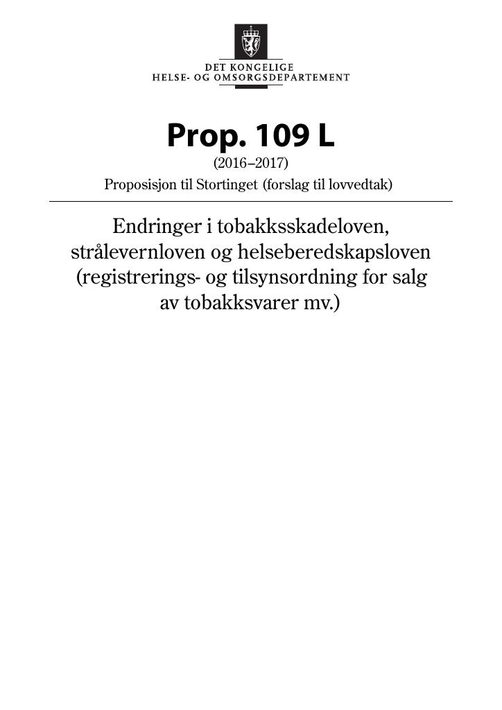 Forsiden av dokumentet Prop. 109 L (2016–2017)