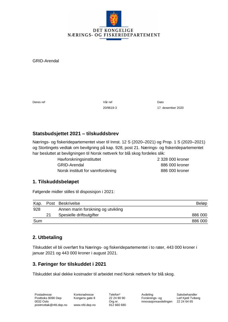 Forsiden av dokumentet Tilskuddsbrev