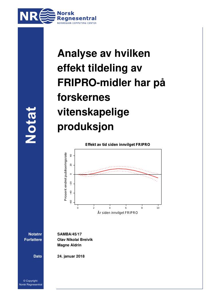 Forsiden av dokumentet Analyse av hvilken effekt tildeling av FRIPRO-midler har på forskernes vitenskapelige produksjon