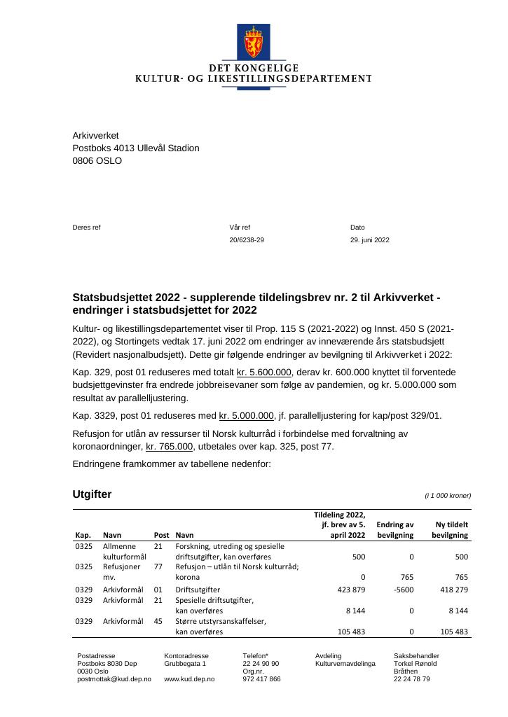 Forsiden av dokumentet Tildelingsbrev Arkivverket 2022 - tillegg nr. 2