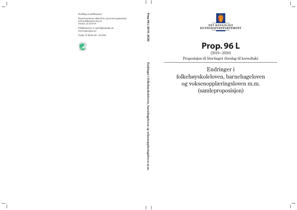 Forsiden av dokumentet Prop. 96 L (2019–2020)