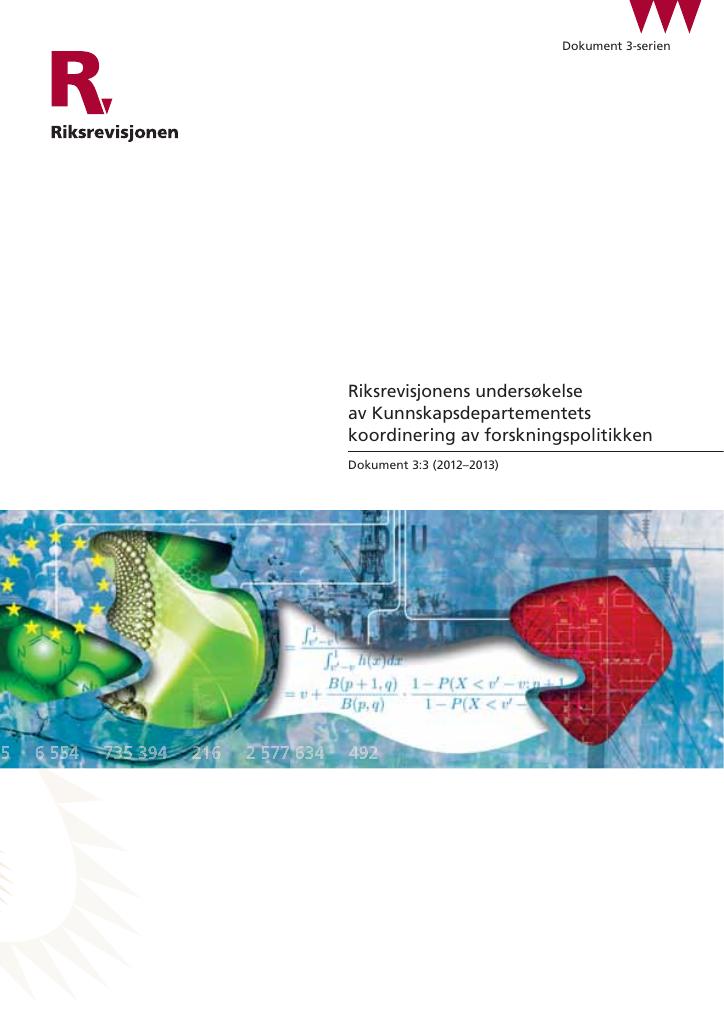 Forsiden av dokumentet Riksrevisjonens undersøkelse av Kunnskapsdepartementets koordinering av forskningspolitikken