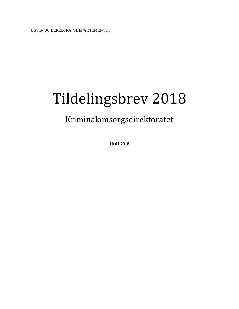 Forsiden av dokumentet Tildelingsbrev Kriminalomsorgsdirektoratet 2018