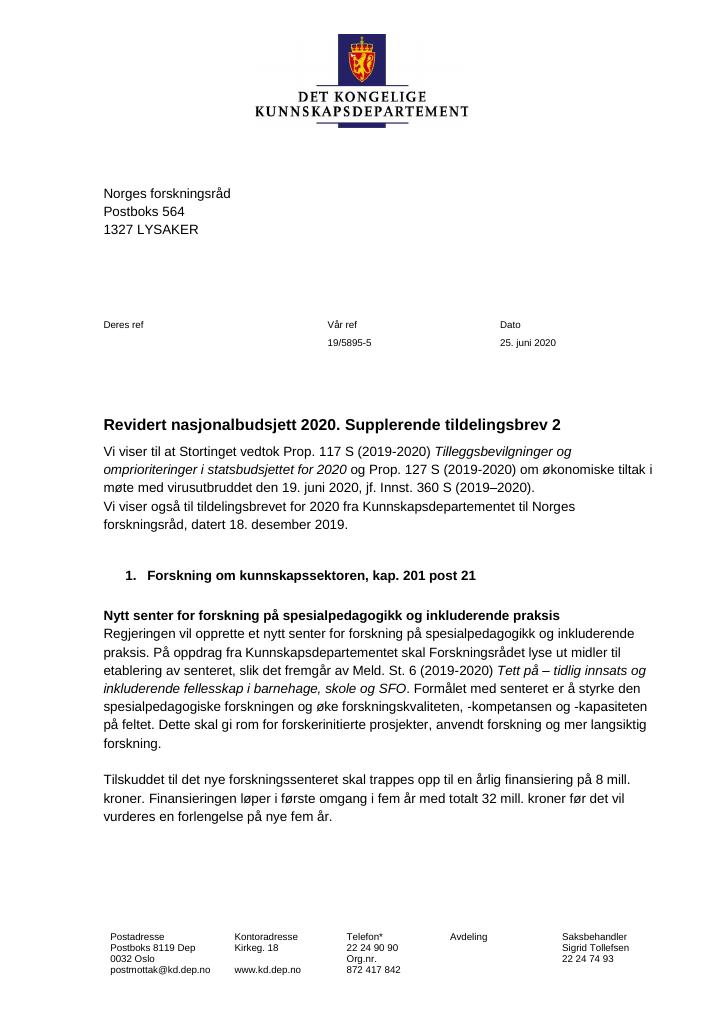 Forsiden av dokumentet Supplerende tildelingsbrev Norges forskningsråd 2020 - tillegg nr. 1