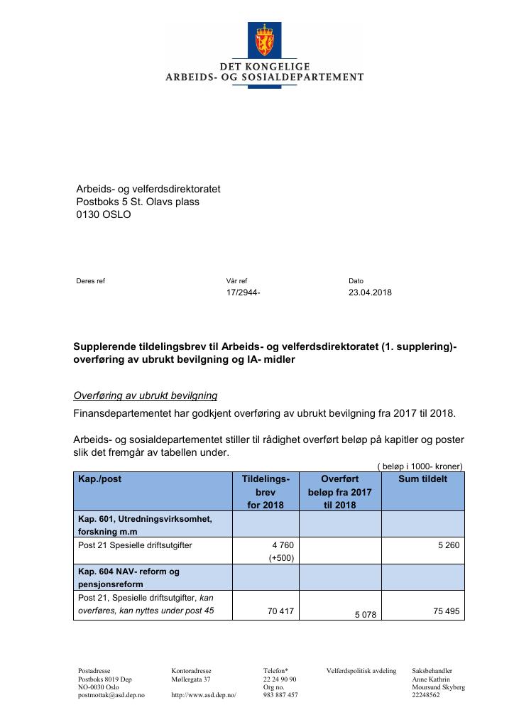 Forsiden av dokumentet Supplerende tildelingsbrev nr. 1 Arbeids- og velferdsdirektoratet 2018