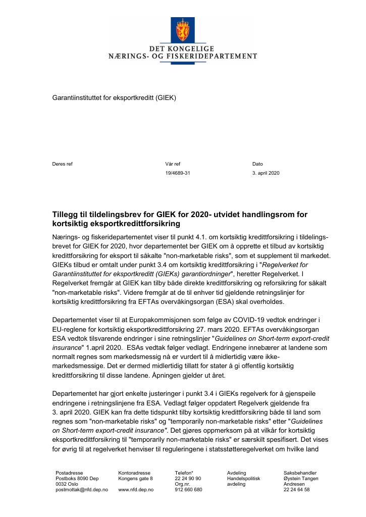 Forsiden av dokumentet Tildelingsbrev GIEK 2020 - tillegg