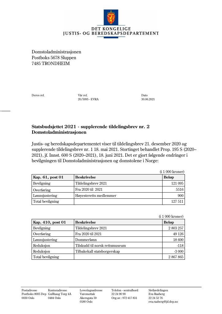 Forsiden av dokumentet Tildelingsbrev Domstoladministrasjonen 2021 - tillegg nr. 2