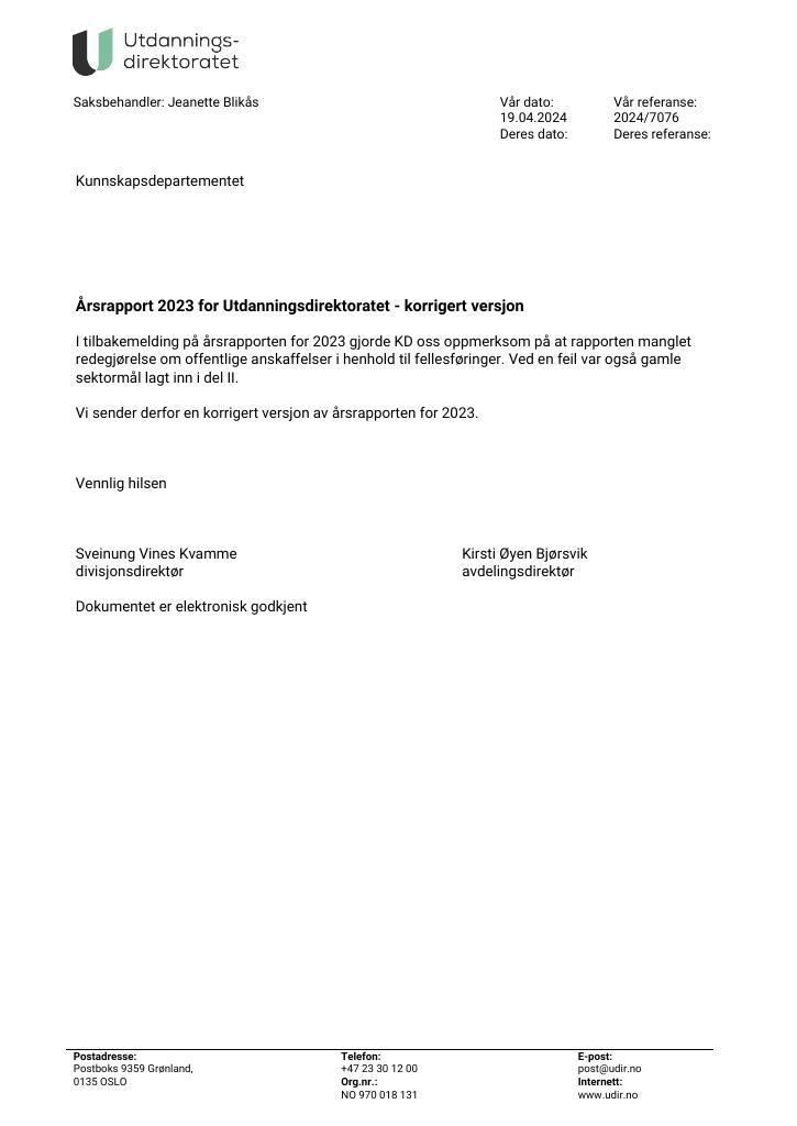 Forsiden av dokumentet Årsrapport 2023 for Utdanningsdirektoratet - korrigert versjon