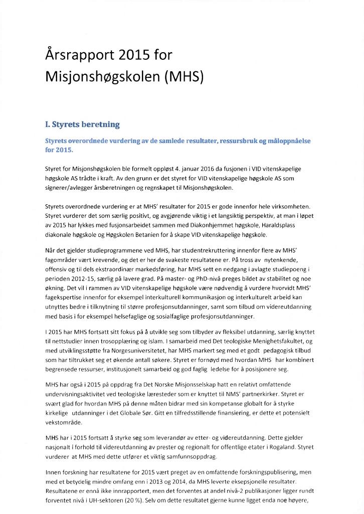 Forsiden av dokumentet Årsrapport Misjonshøgskolen 2015