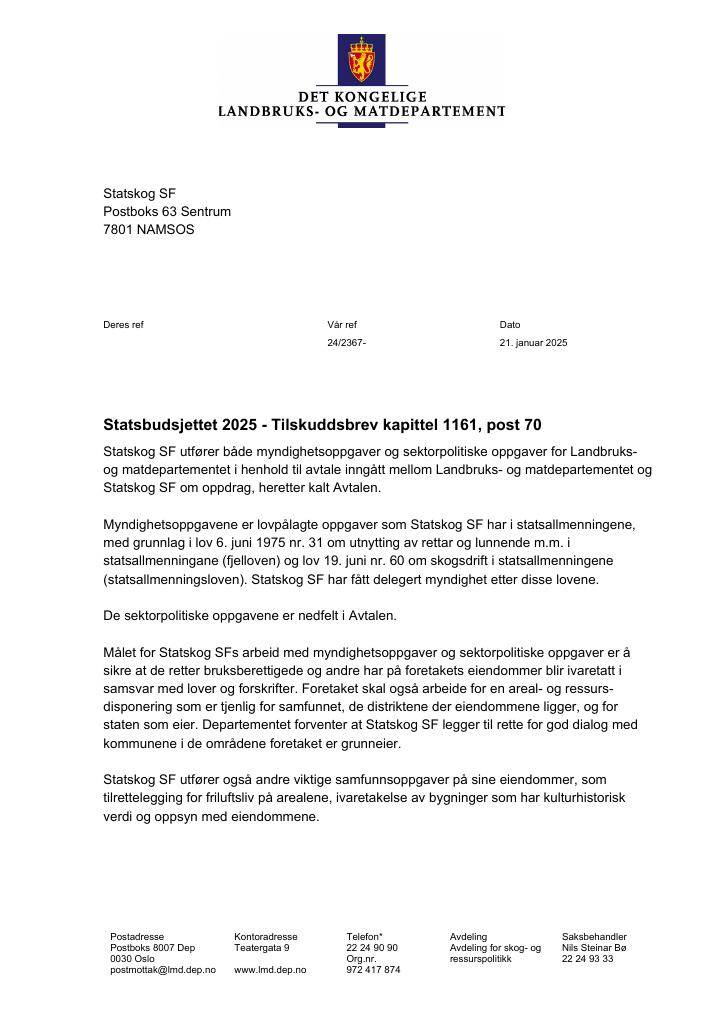 Forsiden av dokumentet Tilskuddsbrev Statskog SF 2025
