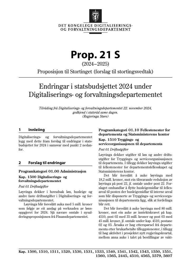 Forsiden av dokumentet Prop. 21 S (2024–2025)