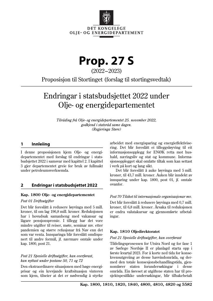 Forsiden av dokumentet Prop. 27 S (2022–2023)