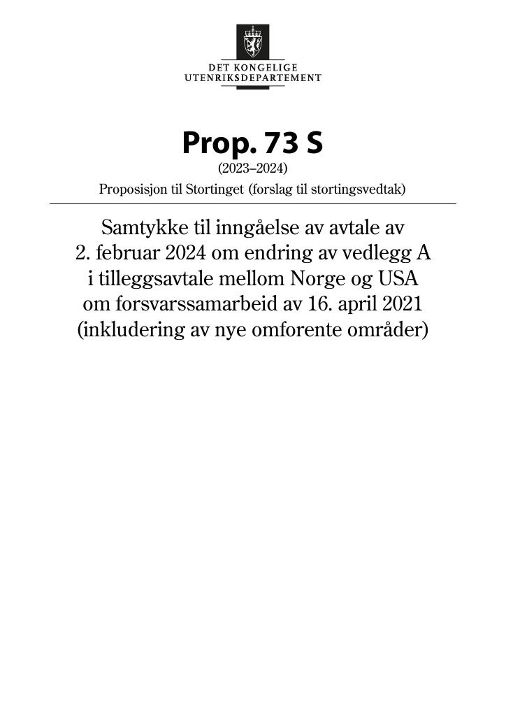 Forsiden av dokumentet Prop. 73 S (2023–2024)