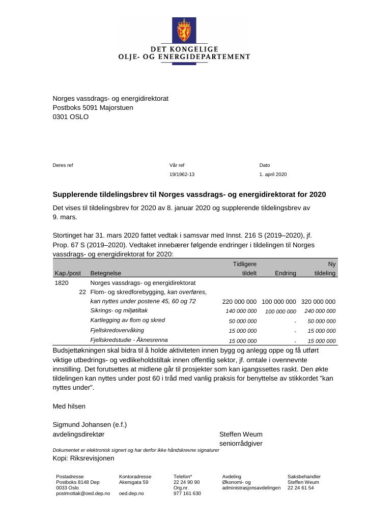 Forsiden av dokumentet Supplerende tildelingsbrev Norges vassdrags- og energidirektorat 2020