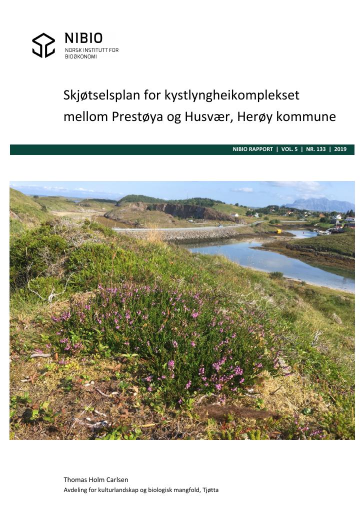 Forsiden av dokumentet Skjøtselsplan for kystlyngheikomplekset mellom Prestøya og Husvær, Herøy kommune.
