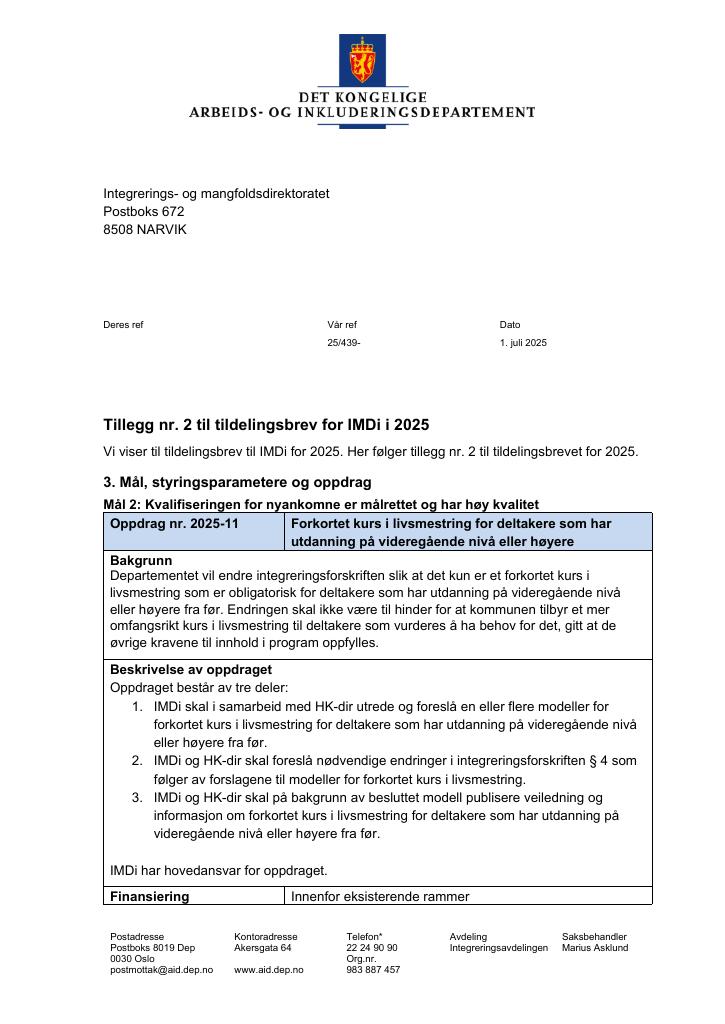 Forsiden av dokumentet Tildelingsbrev Integrerings- og mangfoldsdirektoratet (IMDi) 2025. - tillegg nr. 2