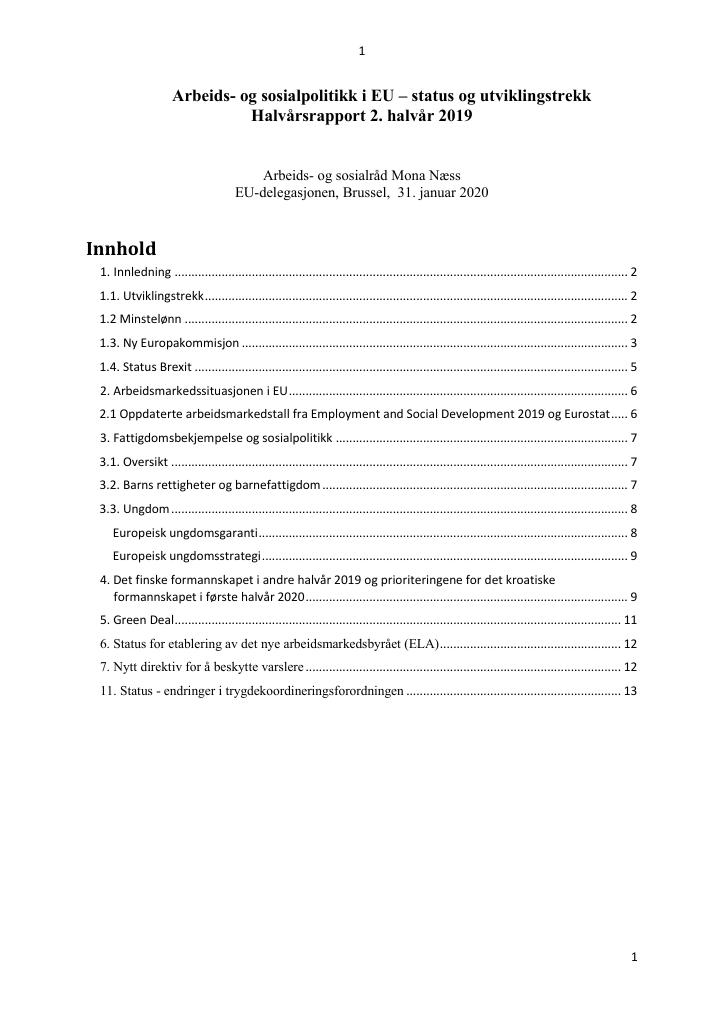 Forsiden av dokumentet Arbeids- og sosialpolitikk i EU – status og utviklingstrekk Halvårsrapport 2. halvår 2019