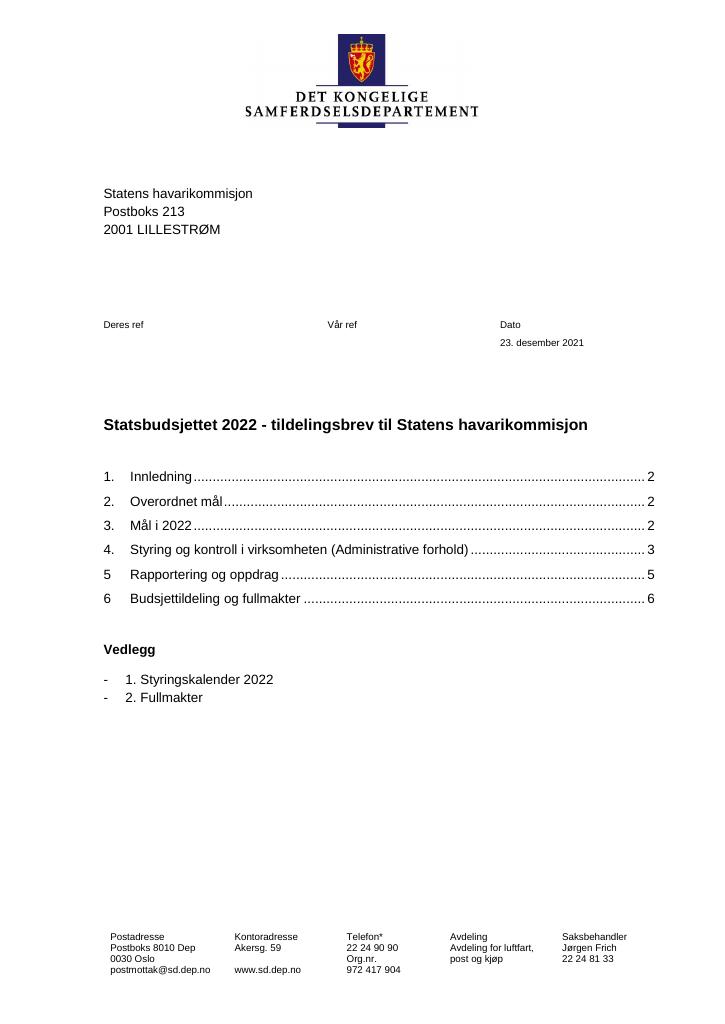 Forsiden av dokumentet Tildelingsbrev Statens havarikommisjon 2022