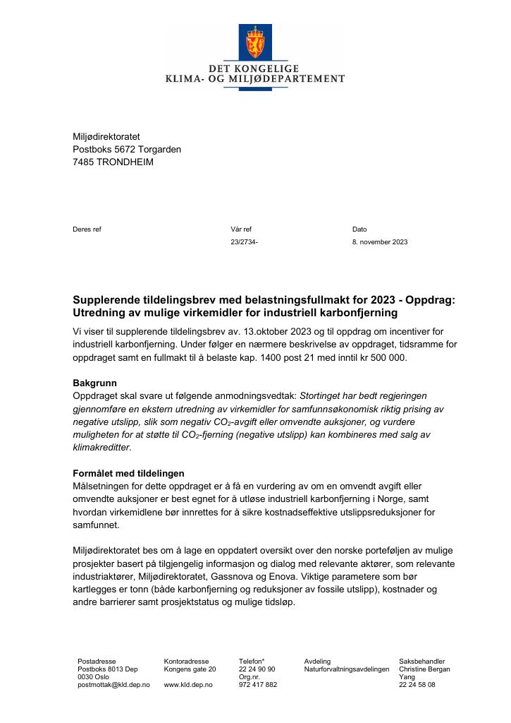 Forsiden av dokumentet Supplerende tildelingsbrev 08.11.2023