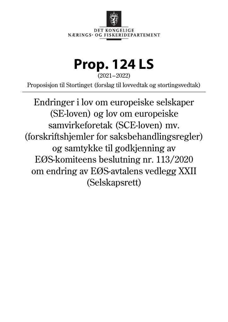 Forsiden av dokumentet Prop. 124 LS (2021–2022)