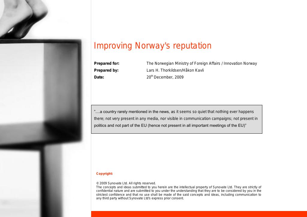 Forsiden av dokumentet Improving Norway's reputation