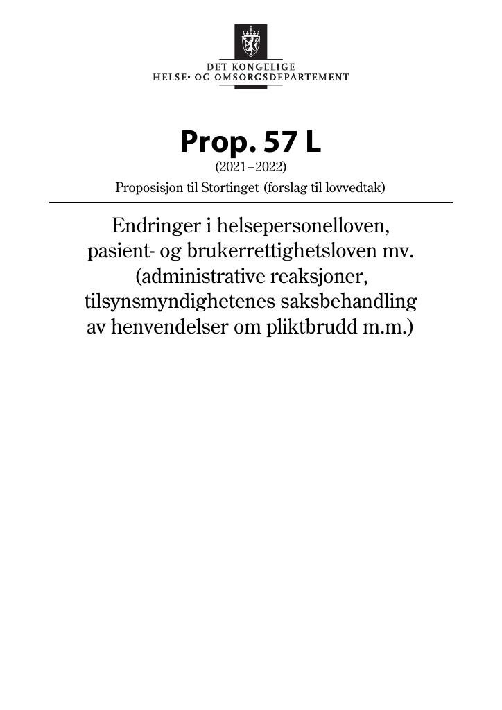 Forsiden av dokumentet Prop. 57 L (2021–2022)