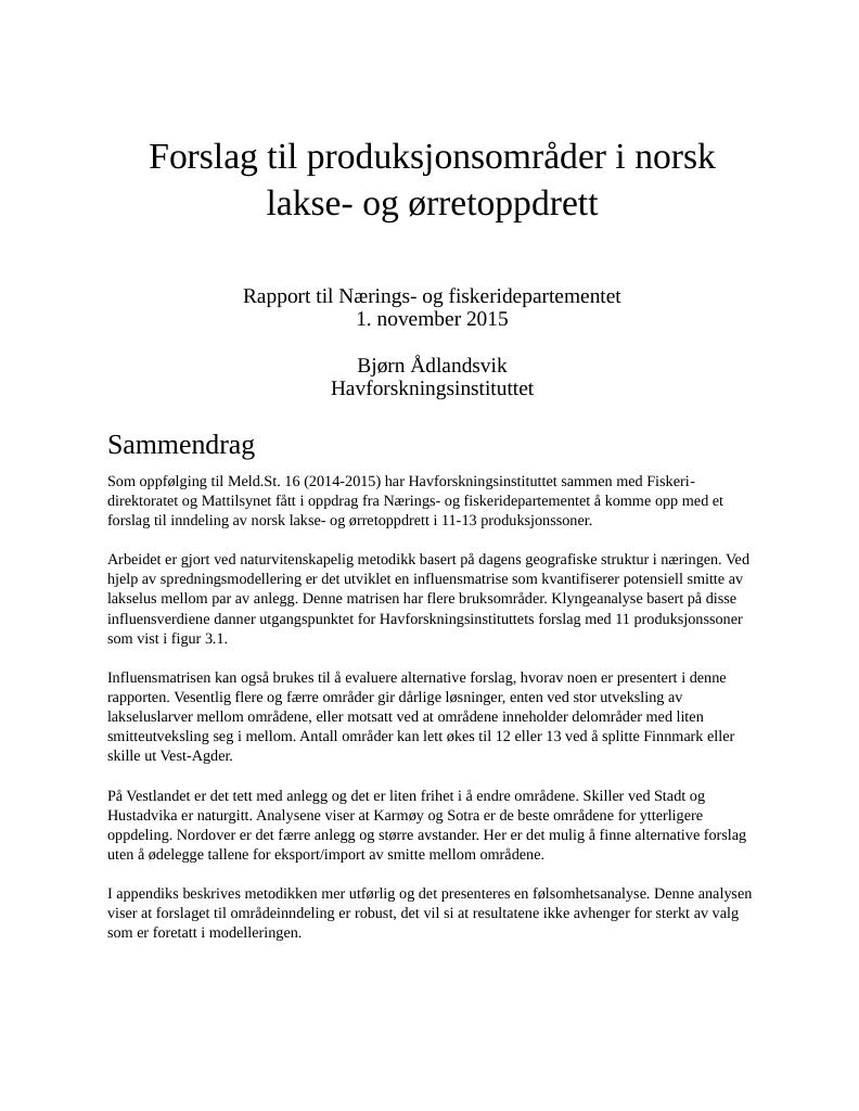 Forsiden av dokumentet Forslag til produksjonsområder i norsk lakse- og ørretoppdrett