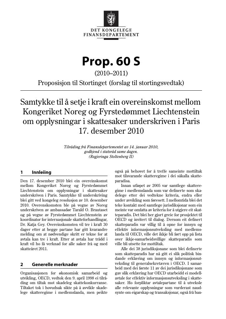 Forsiden av dokumentet Prop. 60 S (2010–2011)