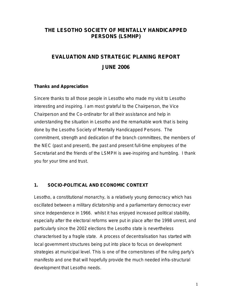 Forsiden av dokumentet The Lesotho Society of Mentally Handicapped Persons (LSMHP) Evaluation and Strategic Planning Report June 2006