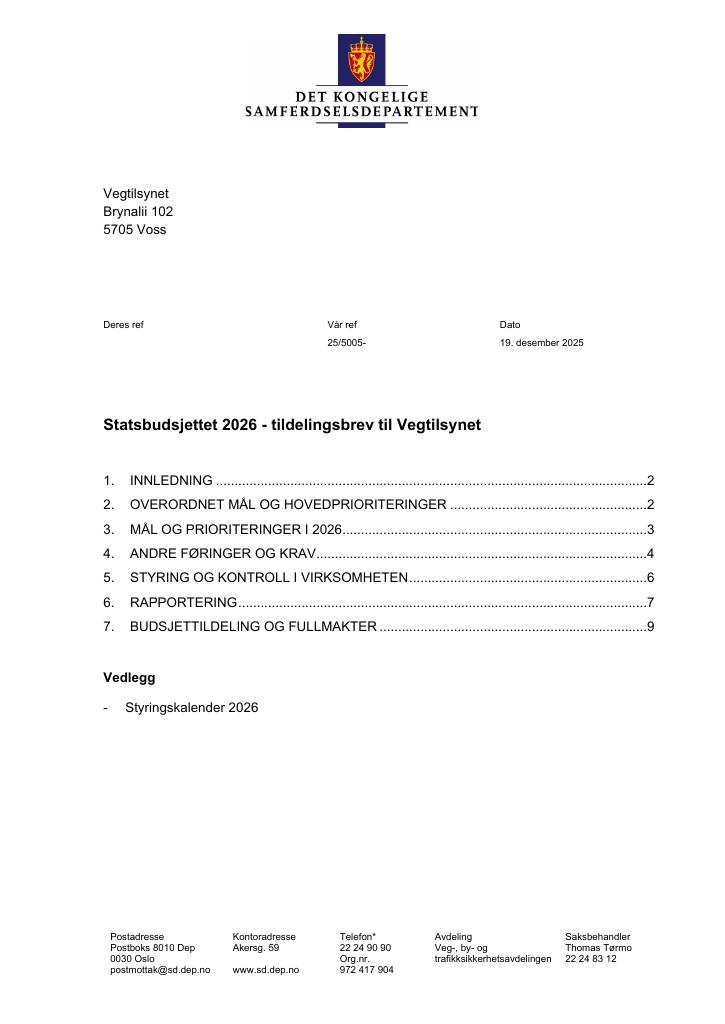 Forsiden av dokumentet Tildelingsbrev Vegtilsynet 2026