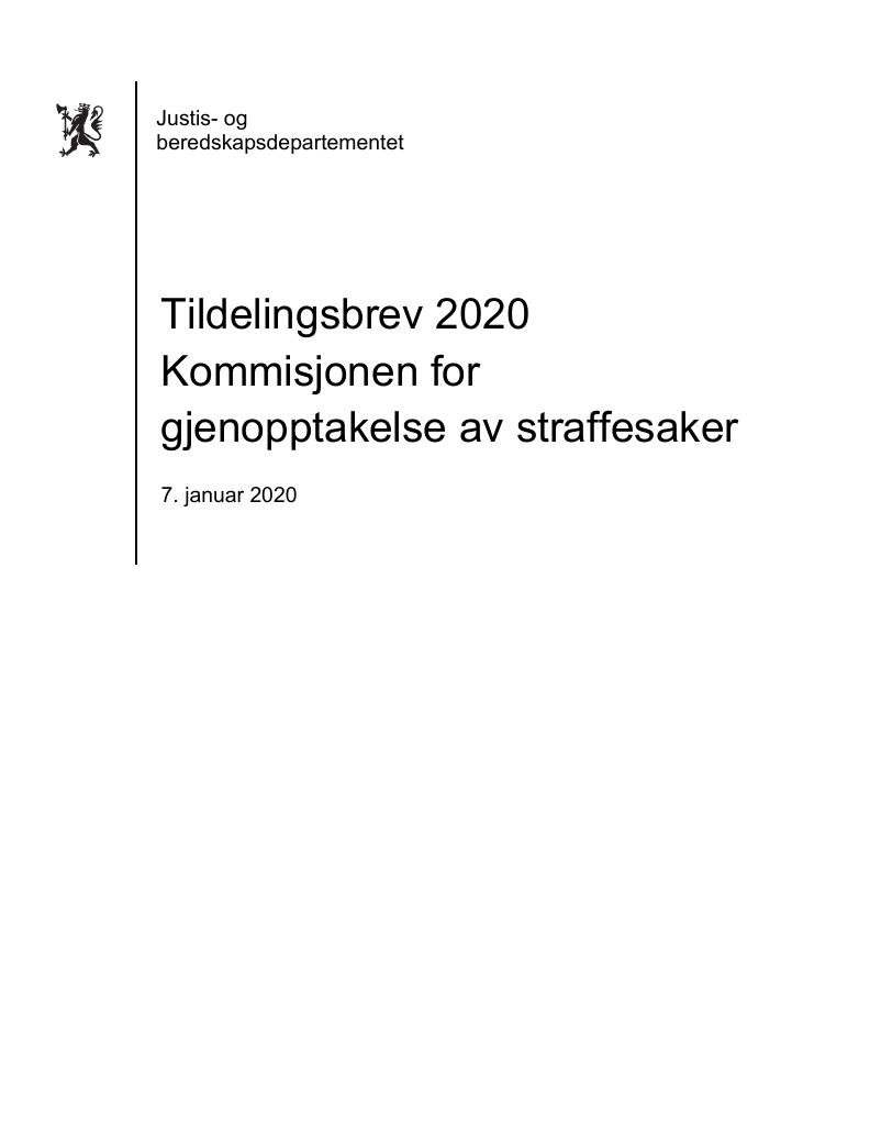 Forsiden av dokumentet Tildelingsbrev Kommisjonen for gjenopptakelse av straffesaker 2020