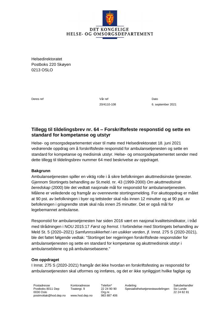 Forsiden av dokumentet Tildelingsbrev Helsedirektoratet 2021 - tillegg nr. 64