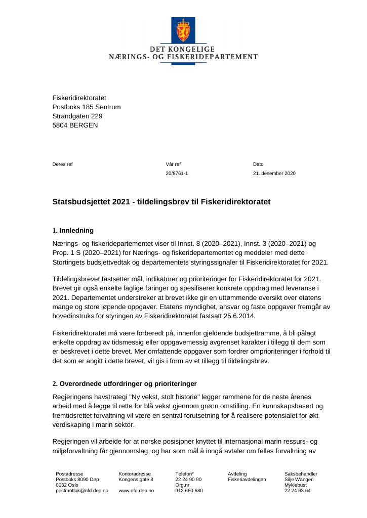 Forsiden av dokumentet Tildelingsbrev Fiskeridirektoratet 2021