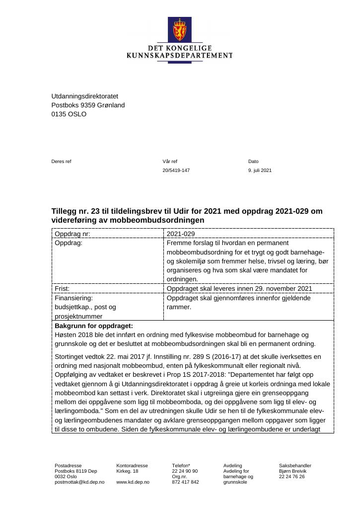 Forsiden av dokumentet Tildelingsbrev Utdanningsdirektoratet 2021 - tillegg nr. 23